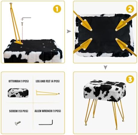 Multifunctional Vanity Stool Chair for Vanity, Padded Seat, Storage Ottoman in Rectangle Fuzzy Fluffy Design, Footrest and 4 Gold Legs for Makeup Room, Bedroom, Living Room, Cow