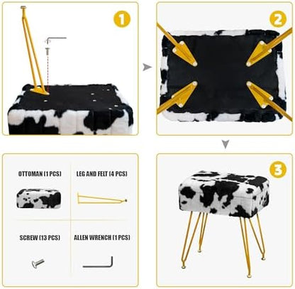 Multifunctional Vanity Stool Chair for Vanity, Padded Seat, Storage Ottoman in Rectangle Fuzzy Fluffy Design, Footrest and 4 Gold Legs for Makeup Room, Bedroom, Living Room, Cow