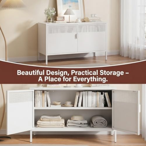 25" White Metal Locker Storage Cabinet 2 Door TV Stand Low Cabinets