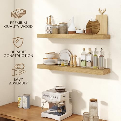 FLYJOE 72 Inch Floating Shelves, 6.5 Inch Deep Oak Shelves Set of 2