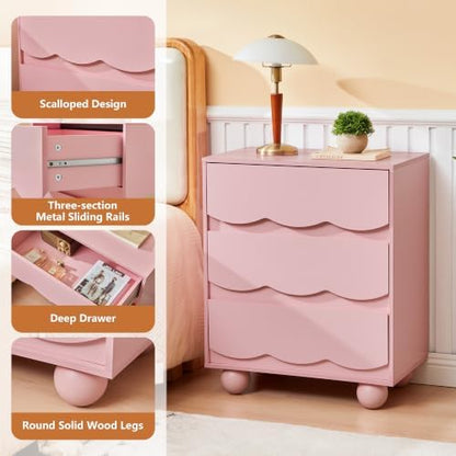 Pink Scalloped 3 Drawer Dresser, Mid Century Modern Nightstand for Bedroom