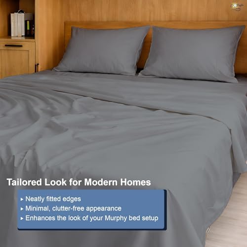 Cottington Lane Stone Grey Sheets for Murphy Bed Mattress, 4 Piece Premium Ultra Soft Brushed Microfiber Queen Size Wall Bed Sheet Set, 6-10 Inch Deep Pocket with All-Around Elastic