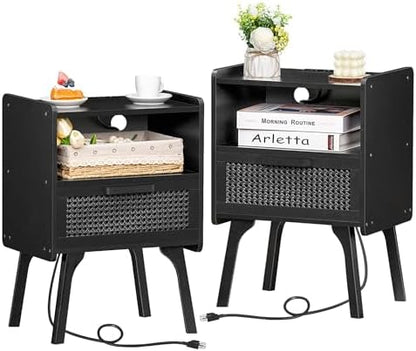 Lerliuo Rattan Nightstands Set of 2 with Charging Station, Boho Side Table