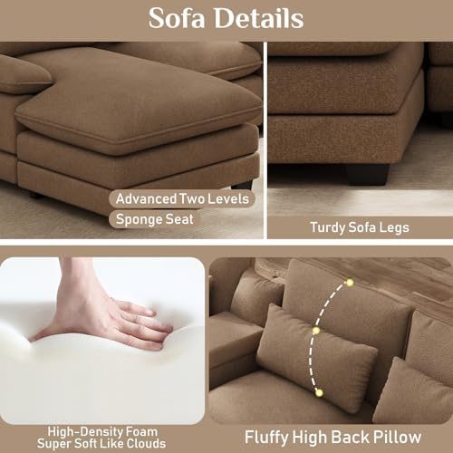 OUYESSIR 132" U Shaped Cloud Sectional Couch with USB Port, Light Brown