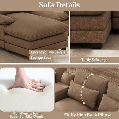 OUYESSIR 132" U Shaped Cloud Sectional Couch with USB Port, Light Brown