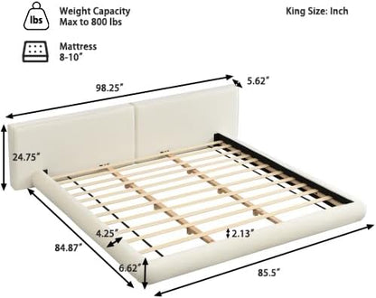 Merax King Size Low Profile Floor-Hugging Platform Bed, Platform Bed Frame with 27.45'' Headboard, 800lb WeightCapacity, Upholstered Modern Bed in Fabric, Cream
