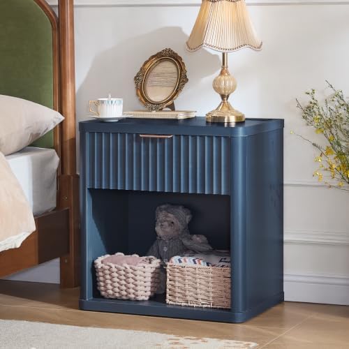 LEYAOYAO Fluted Nightstand with Charging Station, 23" Wide 1 Drawers End Table,Blue Night Stand with Open Storage Cabinet, Farmhouse Bed Side Tables, Wood Dresser for Bedroom, Living Room, Closet