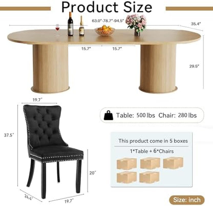 Oval Extendable Dining Table Set for 6, 7-Piece Extendable Kitchen Table Set with 6 Black Upholstered Chairs, Modern 63"-94" Expandable Dining Room Table Set with Storage Fluted Base for Kitchen
