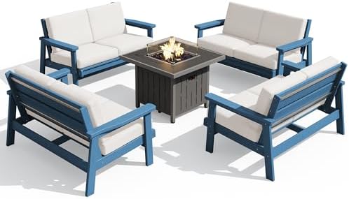 SERWALL HDPE Patio Furniture Set with 33” Square Fire Pit Table