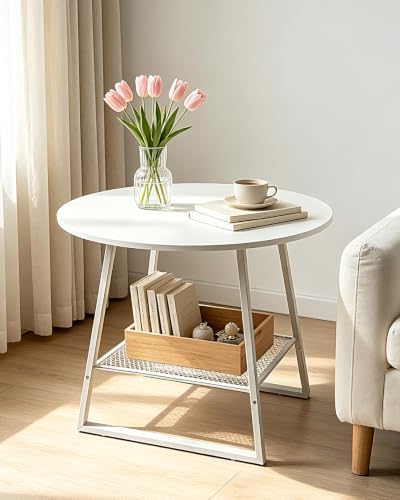 White Round 2-Tier End Table White Side Table with Mesh Shelf