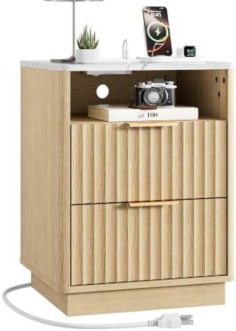 Fluted Nighstand, 2 Drawers Night Stand, 18" Nightstand with Charging Station and Faux Marble Top, Modern End Table w/Storage, Bedside Table for Bedroom, Curved Corners Design, Natural Oak
