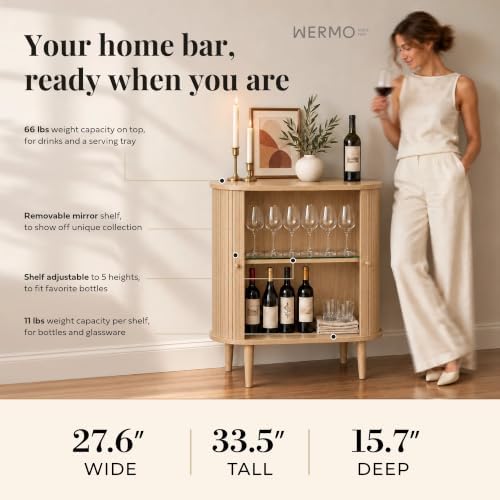 28'' Fluted Bar Cabinet with Sliding Doors, Hidden Storage and Adjustable Shelf - Modern Liquor Cabinet and Narrow Wine Bar, Small Coffee Station, 28 Inch Wide Fluted Sideboard Buffet (Oak)