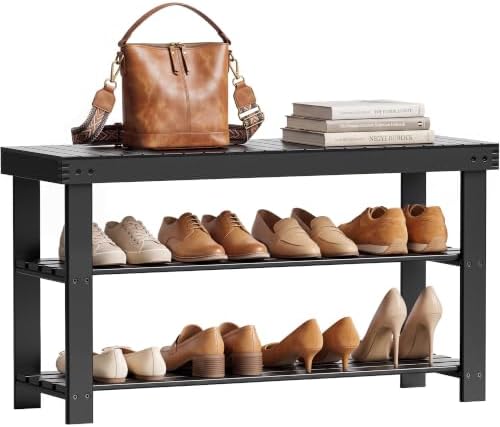 SMIBUY Bamboo Shoe Rack Bench, 3-Tier Shoe Organizer Storage Shelf for Entryway Hallway Bathroom Living Room (Black)