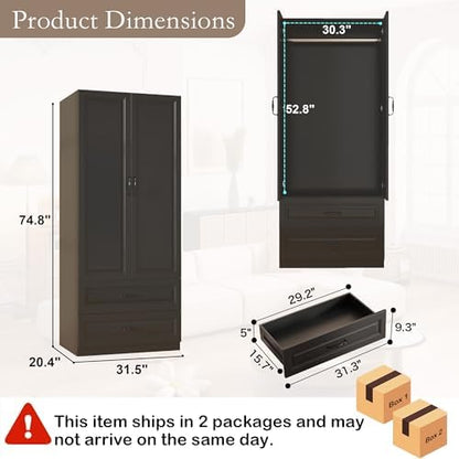 Black Armoire Wardrobe Closet with 2 Drawers, 75" Tall x 31.5" Wide