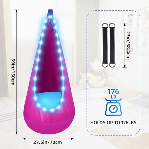 Light Up Kids Pod Swing, Indoor Outdoor Hammock Seat w/ LED Lights,Rose Red