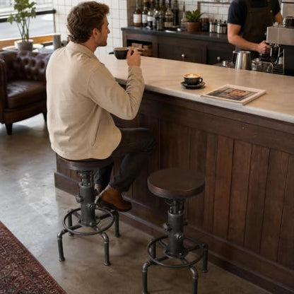Topower Antique Vintage Industrial Barstool Solid Wood Water Pipe Fire Hydrant Design Cafe Coffee Industrial Bar Stool Set of 2 Silver