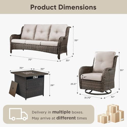 Belord 4 Piece Patio Wicker Furniture Set, Outdoor Swivel Rocker Chairs, All Weather Outdoor Patio Couch with Fire Pit Table for Deck Porch, Brown Wicker/Beige
