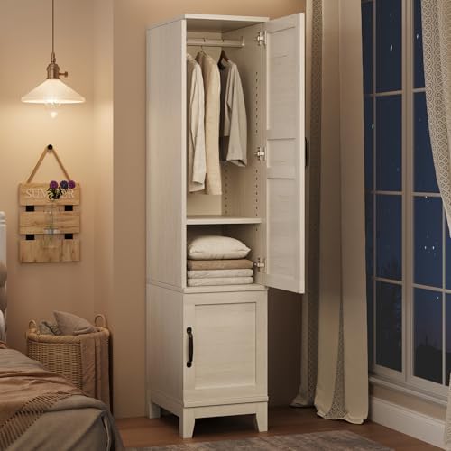 GarveeHome Armoire Wardrobe Closet with 2 Doors,72 in Wooden Wardrobe Cabinet with Hanging Rod, Narrow Tall Clothing Armoire Cabinet with 18 Adjustable Shelves for Bedroom, Clothes, Rustic White