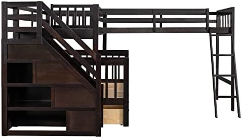 Wood L-Shaped Bunk Bed with Loft Bed Attached for 3 Kids,Twin Over Full Corner Bunk Beds with 3 Drawers, Ladder and Staircase,No Box Spring Needed (Espresso/L+A)