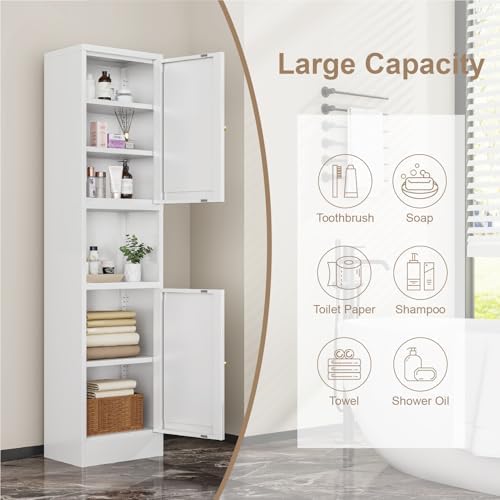 Metal Bathroom Storage Cabinet, 67" Tall Narrow Freestanding Floor Cabinet with Adjustable Shelves and Open Compartment, Slim Metal Locker for Laundry, Kitchen, Dining Room