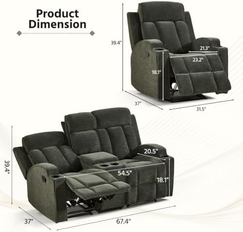 HAOMARKETS 3-Piece Manual Recliner Sofa Set, Included 2 Recliner and Loveseat 2-Seater Sofa with Center Console, Overstuffed Fabric Reclining Couches with Cup Holders for Living Room, Green