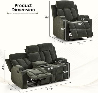 HAOMARKETS 3-Piece Manual Recliner Sofa Set, Included 2 Recliner and Loveseat 2-Seater Sofa with Center Console, Overstuffed Fabric Reclining Couches with Cup Holders for Living Room, Green