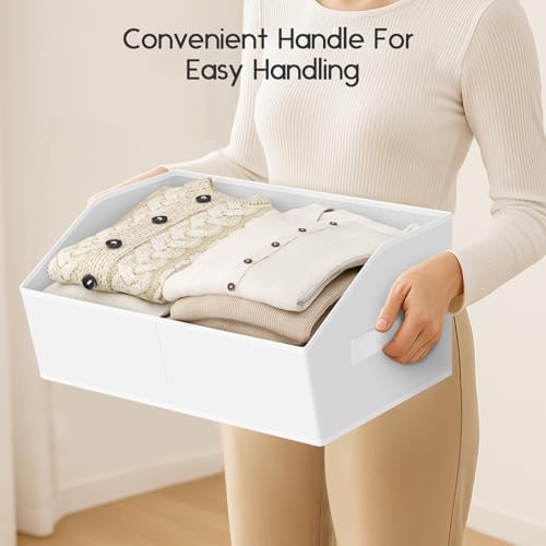 Large Closet Organizers and Storage Bins - 6 Pack Trapezoid Storage Baskets for Shelves, Foldable Fabric Baskets with Handles Ideal for Closet, Basket, Wardrobe and Shelf Storage, White