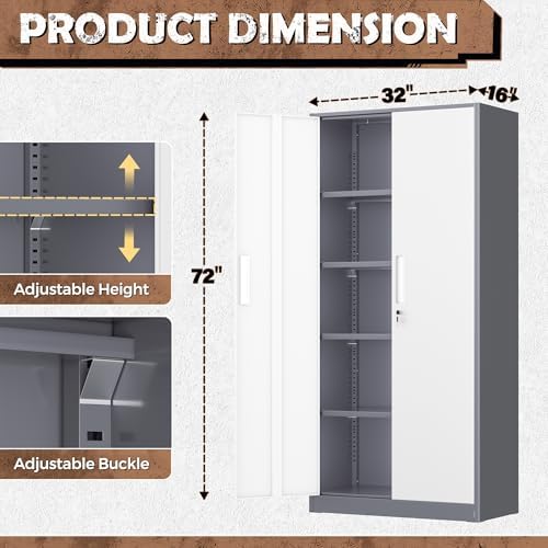 INTERGREAT Metal Storage Cabinet, 72” H Storage Cabinet with 2 Doors and 4 Adjustable Shelves for Office, Home, Garage, Pantry (Gray White)