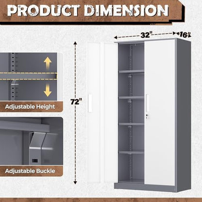 INTERGREAT Metal Storage Cabinet, 72” H Storage Cabinet with 2 Doors and 4 Adjustable Shelves for Office, Home, Garage, Pantry (Gray White)