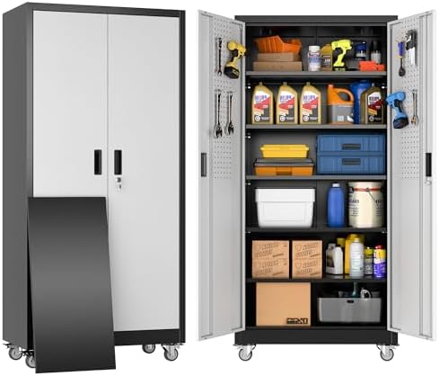Reemoon Metal Garage Storage Cabinet with Wheels, Black and Silver