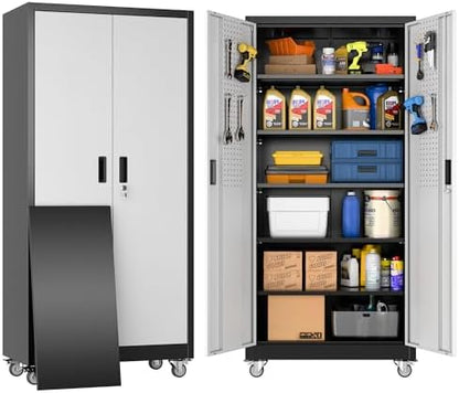 Reemoon Metal Garage Storage Cabinet with Wheels, Black and Silver