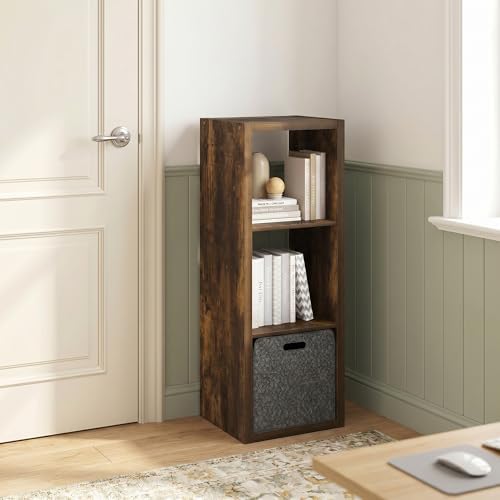 3-Cube Bookshelf, Cubicle Shelf Bookcase with Open Back, Position Reversible Book Shelf, 15 x 16 x 44, for Home Office, Living Room, Amber Pine
