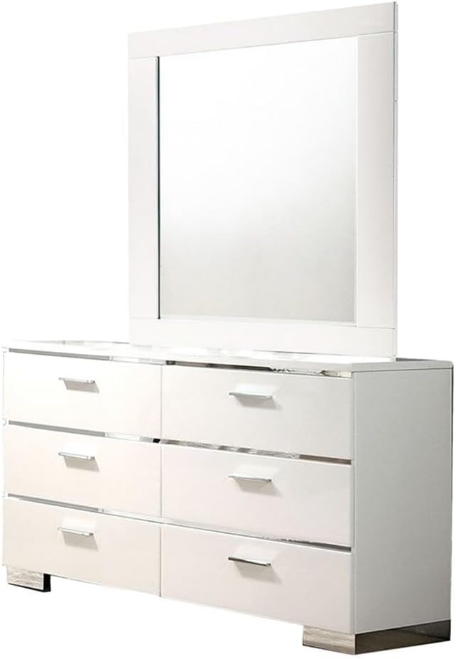 Pemberly Row 4 Pc Queen Bedroom Set, Solid Wood and Veneer, High Gloss White Finish, LED Headboard with Shelf, Chrome Accents, Includes Nightstand, Dresser, Mirror, Modern Bedroom Furniture