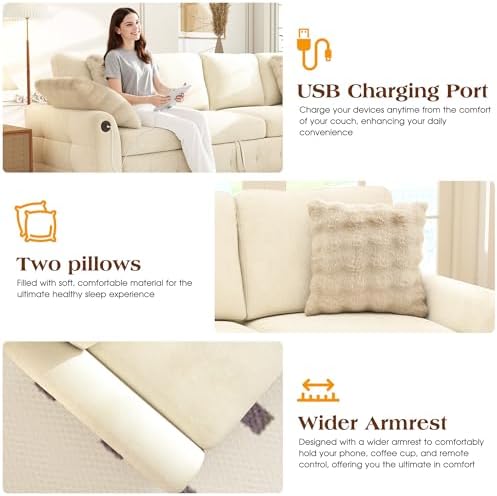 Ihanherry Modular Convertible Sectional Sofa Bed, Reversible Chaise & Storage Ottoman, 3-Seater Pull Out Sleeper with USB Ports & Chenille Fabric, for Small Space, Living Room, Apartment（Beige）