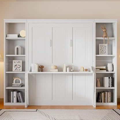 MERITLINE Queen Murphy Bed with Desk and Storage Bookcase,Wood Murphy Wall Bed Cabinet with with Storage Shelves Cabinet for Adults (Queen,White)