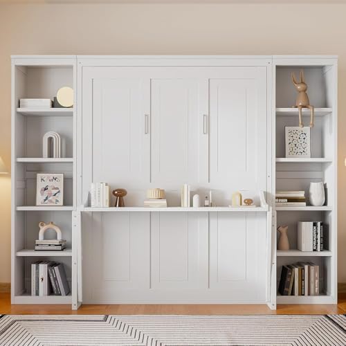 MERITLINE Queen Murphy Bed with Desk and Storage Bookcase,Wood Murphy Wall Bed Cabinet with with Storage Shelves Cabinet for Adults (Queen,White)