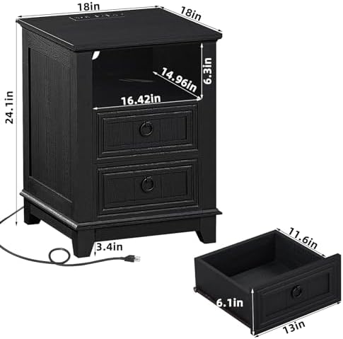 Joaxswe 18" Farmhouse Nightstand with Charging Station & 2 Drawers