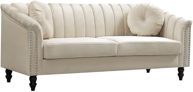 Sectional Sofa Set, Microfiber Chesterfield Upholstered Sofas Loveseat Couch Chair Sets with Style Button Tufted, Scroll Arms and Nailhead for Living Room, Office, Apartment, White,S