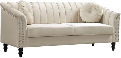 Sectional Sofa Set, Microfiber Chesterfield Upholstered Sofas Loveseat Couch Chair Sets with Style Button Tufted, Scroll Arms and Nailhead for Living Room, Office, Apartment, White,S