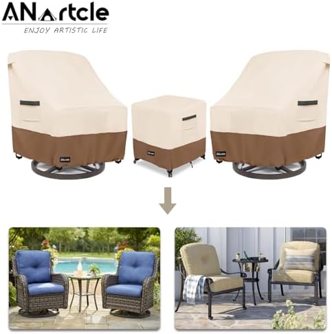 3 Pieces Patio Bistro Sets Cover,600D Waterproof Heavy Duty Patio Furniture Covers,Includes 2 Outdoor Swivel Chair Covers and 1 Patio Wicker Side Table Cover(Beige&brown)