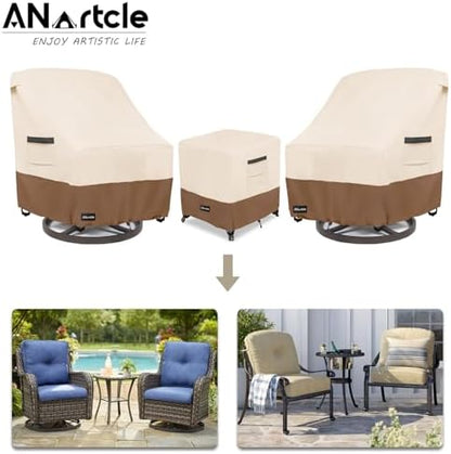 3 Pieces Patio Bistro Sets Cover,600D Waterproof Heavy Duty Patio Furniture Covers,Includes 2 Outdoor Swivel Chair Covers and 1 Patio Wicker Side Table Cover(Beige&brown)