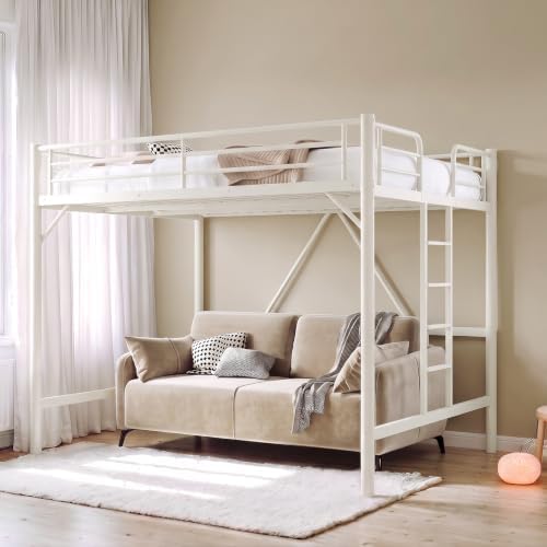 VINGLI Queen Loft Bed with Flat Rungs for Adults, Kids and Young Teens, No Box Spring Required,Heavy Duty Metal Slat Support, Cloud White
