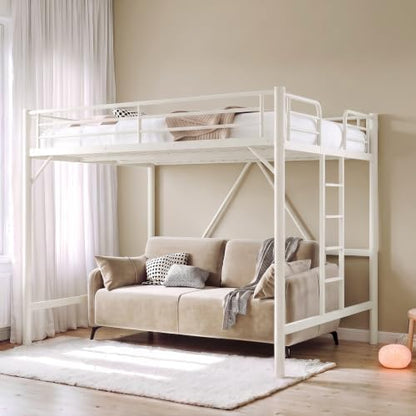 VINGLI Queen Loft Bed with Flat Rungs for Adults, Kids and Young Teens, No Box Spring Required,Heavy Duty Metal Slat Support, Cloud White