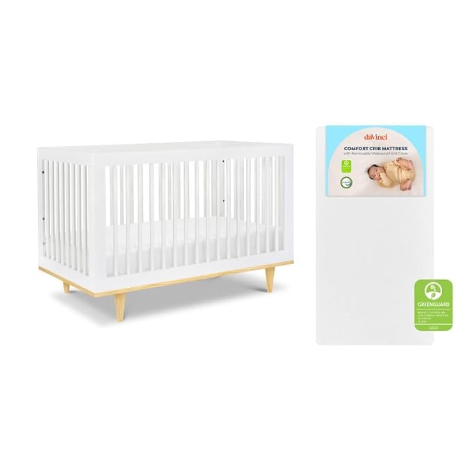 Davinci Marley 3-in-1 Convertible Crib w/Mattress - White & Natural | FSC & GREENGUARD Gold Certified Crib Convertible to Toddler Bed & Daybed - Includes Mattress - Conversion Kit Sold Separately