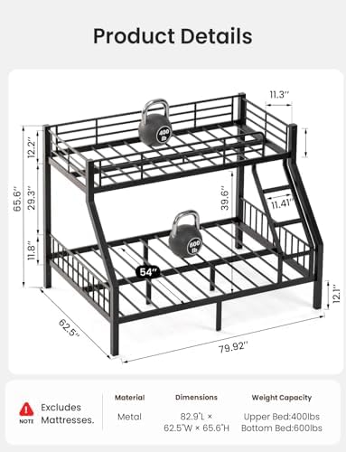 Twin XL Over Queen Bunk Bed, Heavy Duty 600lbs Bed Frame, Safety Guardrails