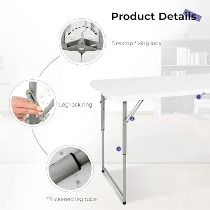 Folding Table 4 Foot,Portable Heavy Duty Plastic Utility Table,White