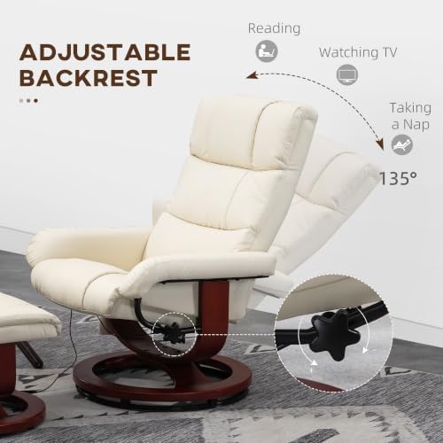 HOMCOM Massage Recliner Chair with Ottoman Swivel Recliner Cream White
