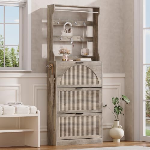 Fluted Shoe Storage Cabinet for Entryway with Coat Rack, Grey