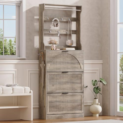 Fluted Shoe Storage Cabinet for Entryway with Coat Rack, Grey
