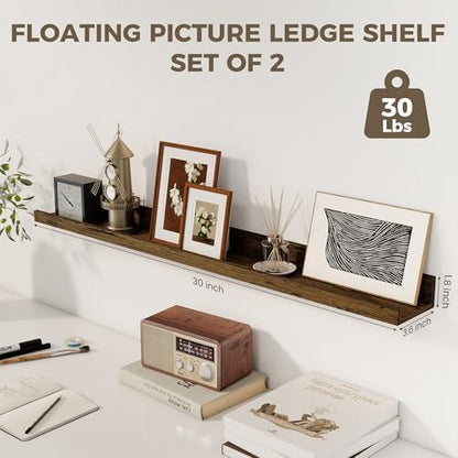 30 Inch Floating Shelves, Brown Picture Ledge Shelf Set of 2
